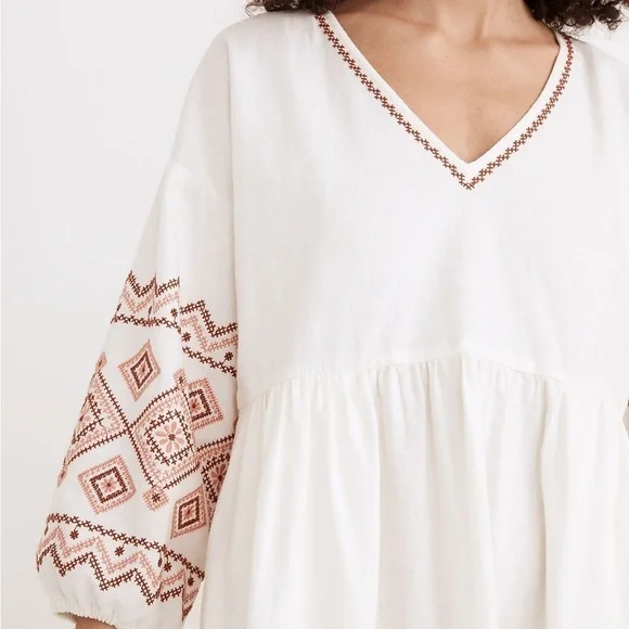 Madewell Linen Embroidered-Sleeve Popover Midi Dress